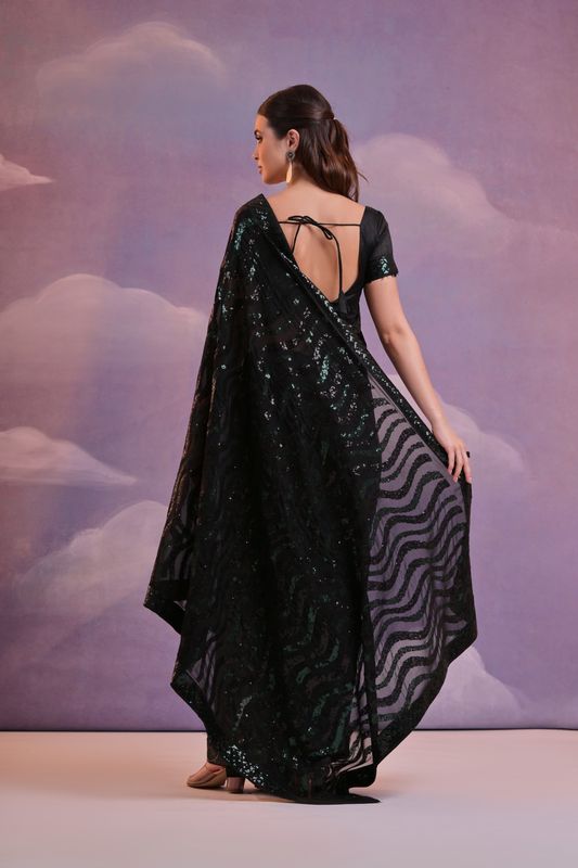 Black Laheriya Style Sequance Embroidery Work Georgette Saree