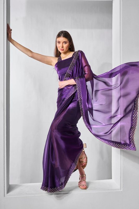 Purple Swarovski Designer Work Burburry Saree