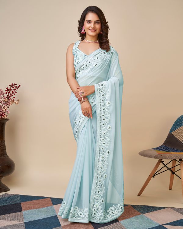 Sky Blue Designer Embroidery Work Georgette Saree