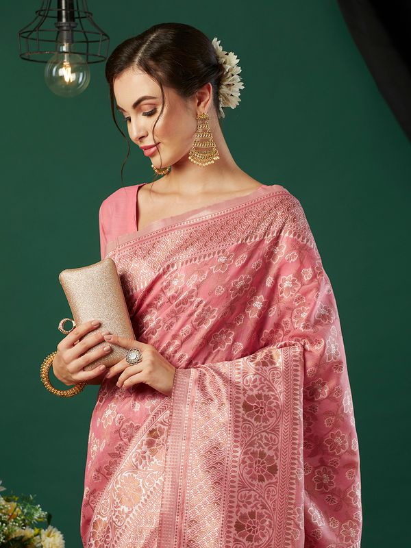 Pink Wevon Jacquard Designer Linen Saree