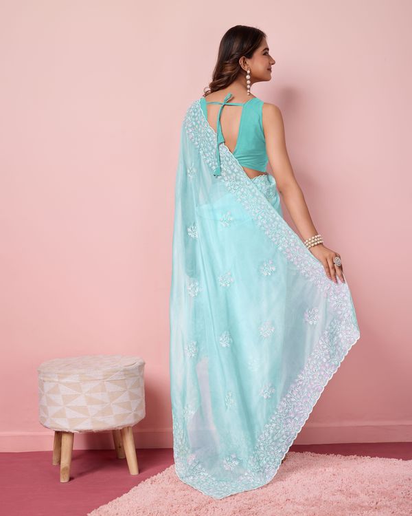 Sky Blue Sequance Embroidery Work Tabby Silk Saree