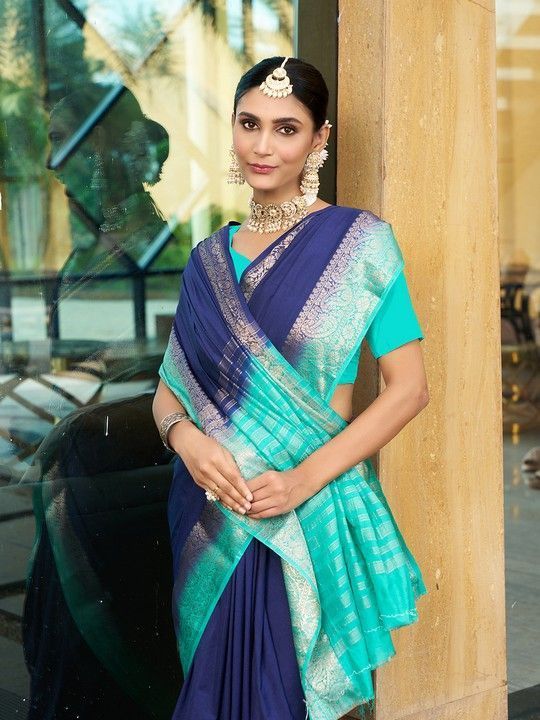 Blue Crepe Woven Saree and Stitched Rama Blouse