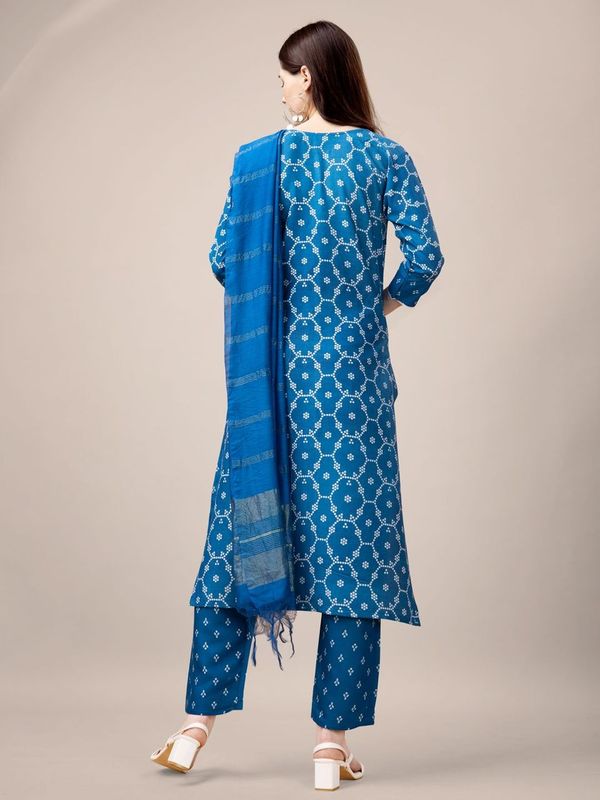 Blue Color Rayon Fabric Designer Printed Readymade Suits With Smart Embroidery Work
