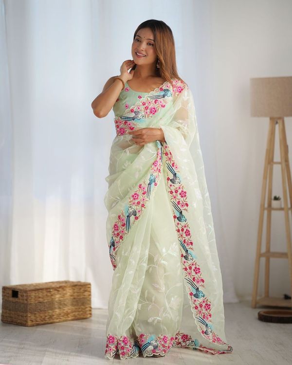 Pista Organza Fabric Multy Thread And Sequance Embroidery Work Festive Looks Graceful Saree