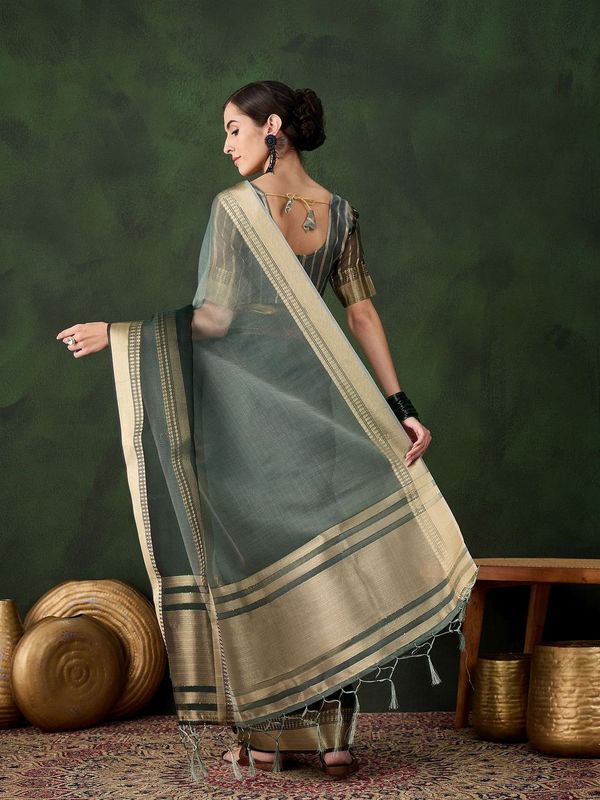 Green Wevon Jacquard Designer Khadi Organza Saree
