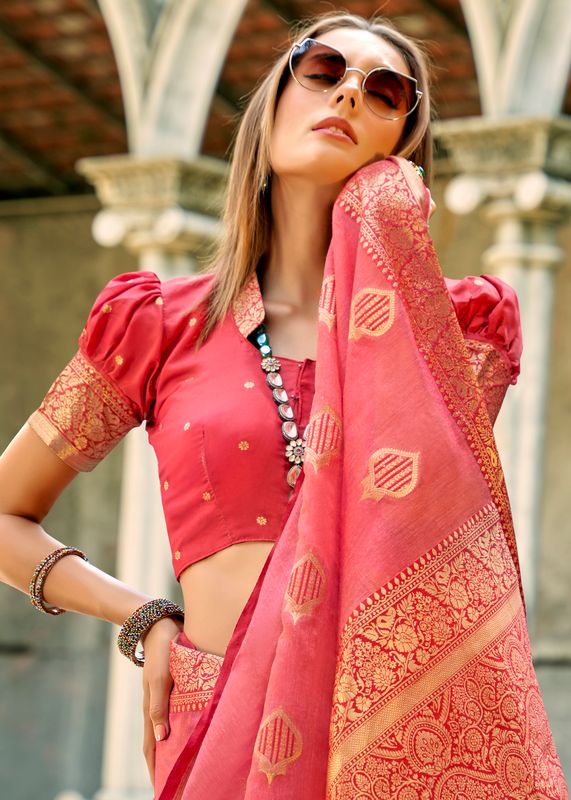 Peach Weaving Designer Tissue Silk Saree