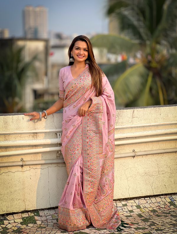 Pink Wevon Kashmiri Meenakari Designer Pashmina Silk Saree