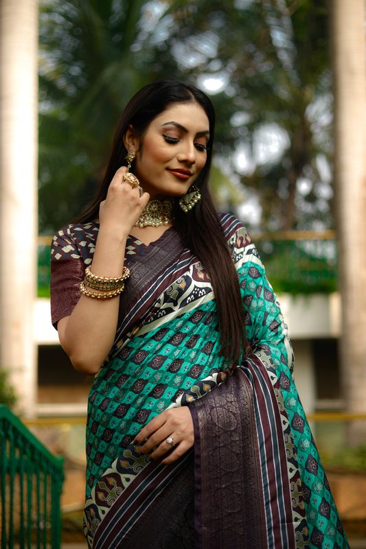 Sea Green Wevon Border & Kalamkari Digital Printed Dola Silk Saree