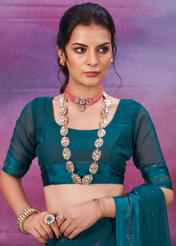 Dark Teal Wevon Patta Designer With Swarovski Work Chiffon Saree