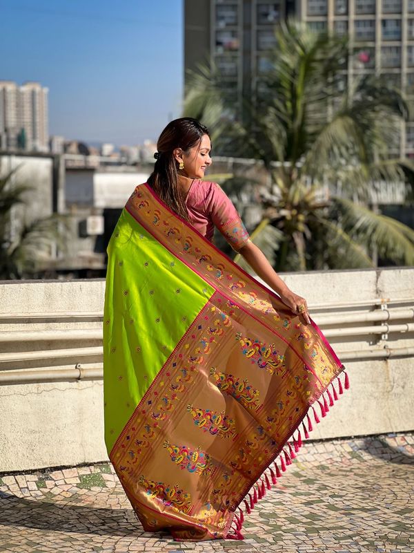 Parrot Green Weaving Meenakari Designer Soft Silk Saree