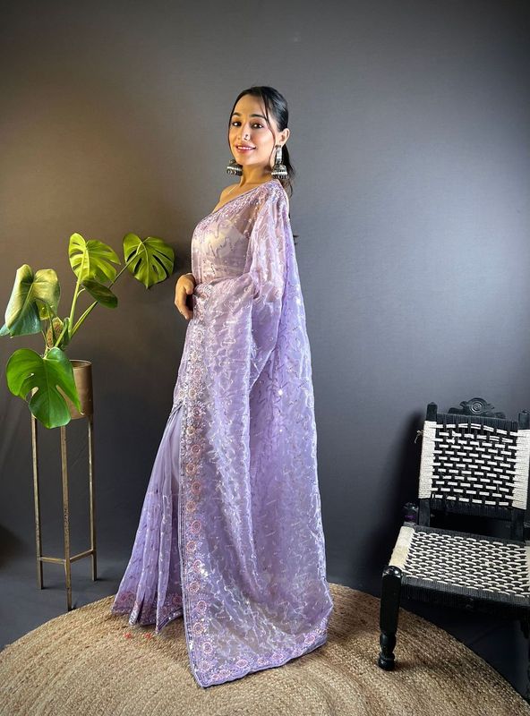 Purple Thread & Sequance Embroidery Work Twill Net Saree