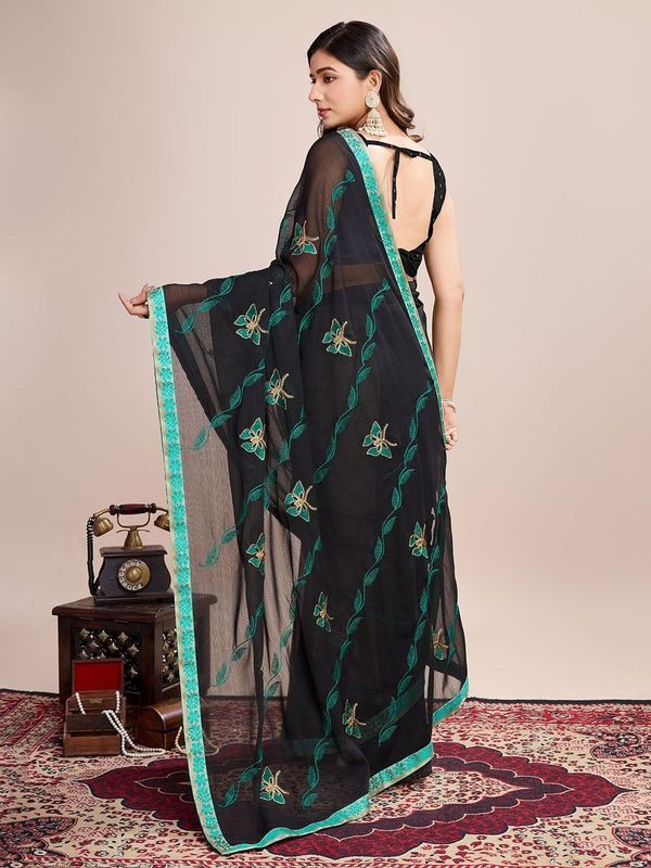 Black Designer Embroidery Work Georgette Saree