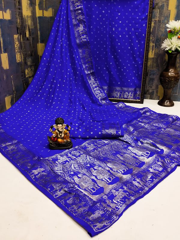 Blue Color Dola Silk Fabric Wevon Border Pallu Designer With Bandhej Work Saree