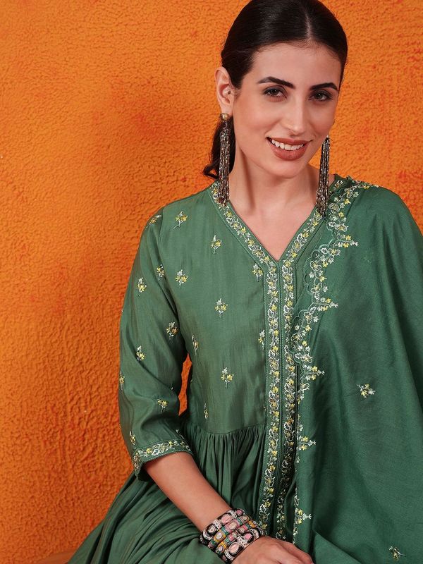 Green Color Beautiful Woven Silk Readymade Suit with Festive Thread Embroidery Work