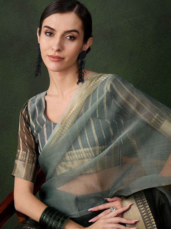 Green Wevon Jacquard Designer Khadi Organza Saree