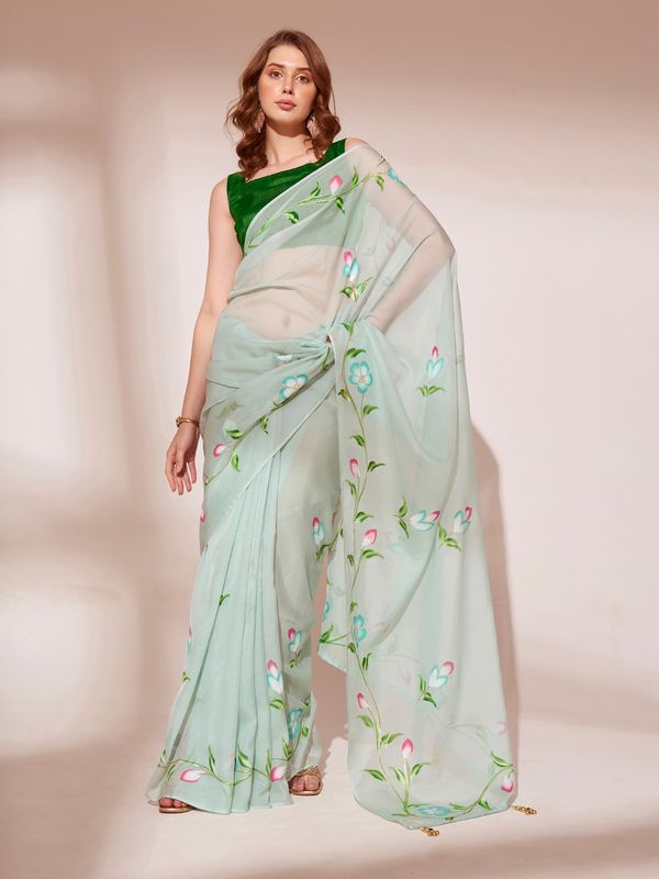 Pista Designer Brush Printed Blooming Organza Saree