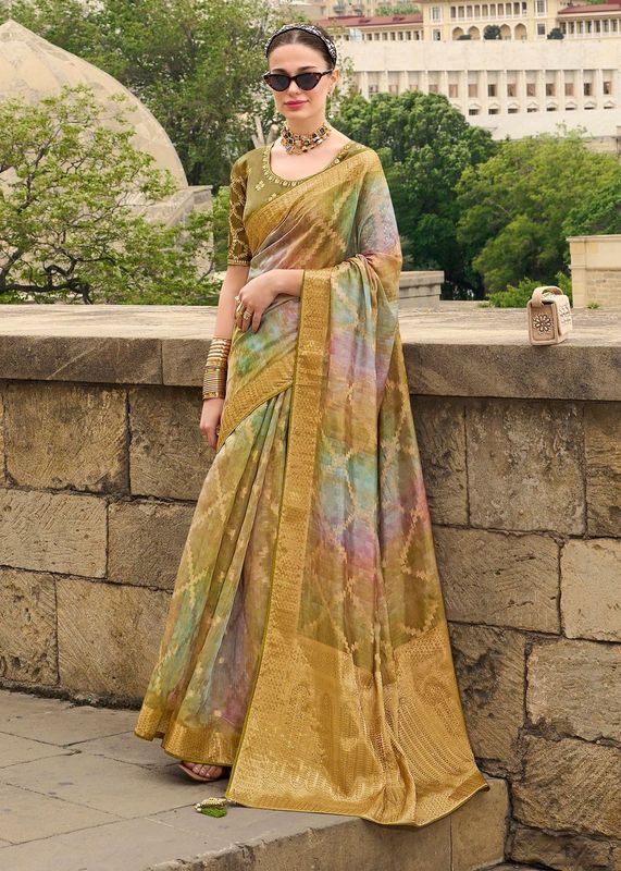 Avocado Green Wevon Designer & Embroidery Work Jacquard Silk Saree