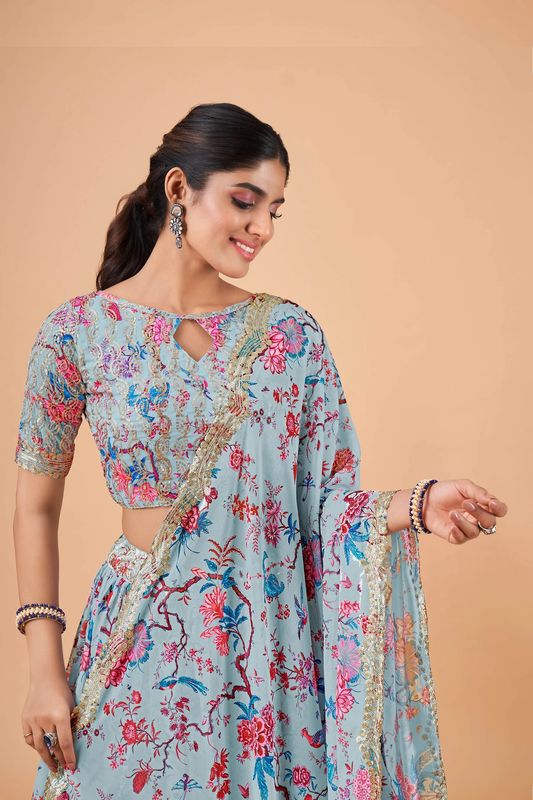 Digital Print Satin Silk Fabric Stitched Lehenga Choli With Jequared Blouse and Assami Silk Thread Work Dupatta For Women and Girls In Festive Party And Traditional Wear
