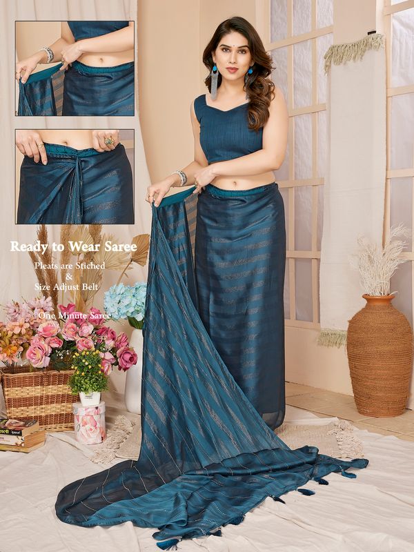 Teal Wevon Designer & Swarovski Work Georgette Saree