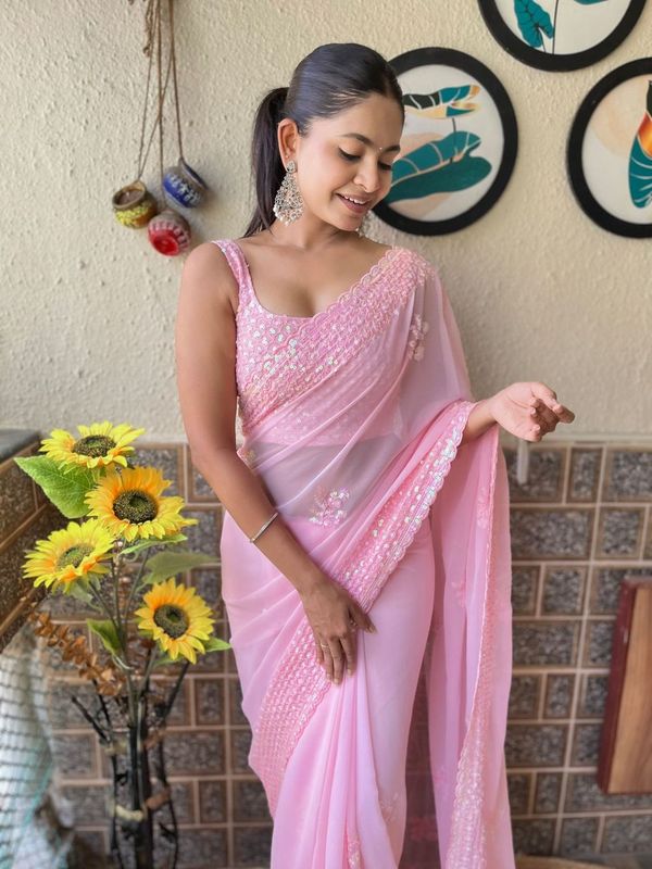 Pink Color Georgette Fabric Beautiful Sequins Embroidery Cut Work Girlie Saree