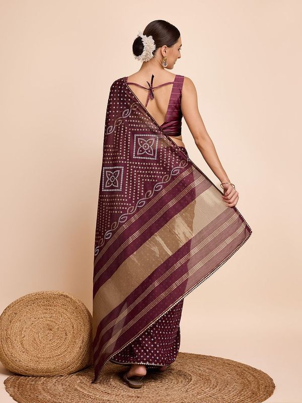 Wine Weaving Designer & Bandhani Printed Faux Cotton Saree