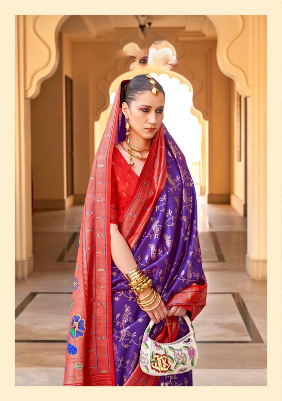 Pink & Neavy Blue Wevon Designer & Printed P V Silk Saree