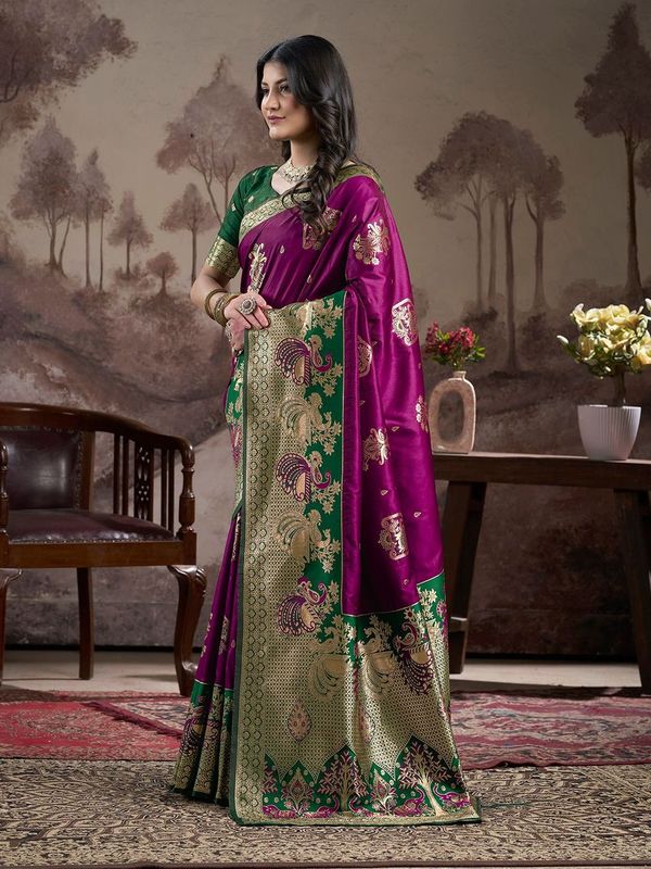 Purple Wevon Rich Pallu Designer Lichi Silk Saree
