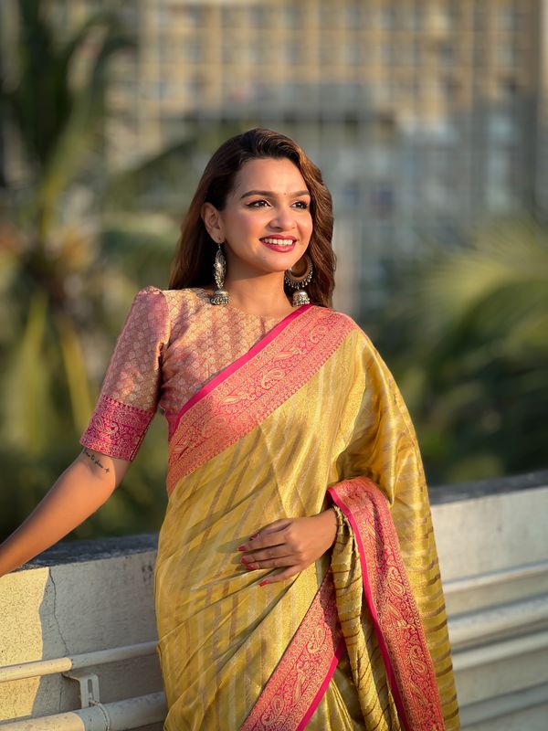 Yellow Wevon Laheriya Designer Jari Tissue Saree