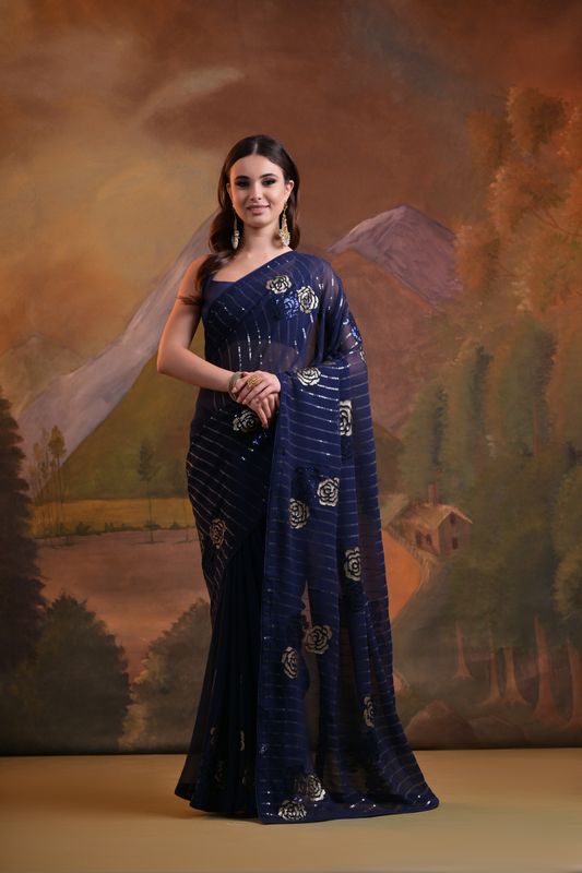 Blue Designer Sequance Embroidery Work Georgette Saree