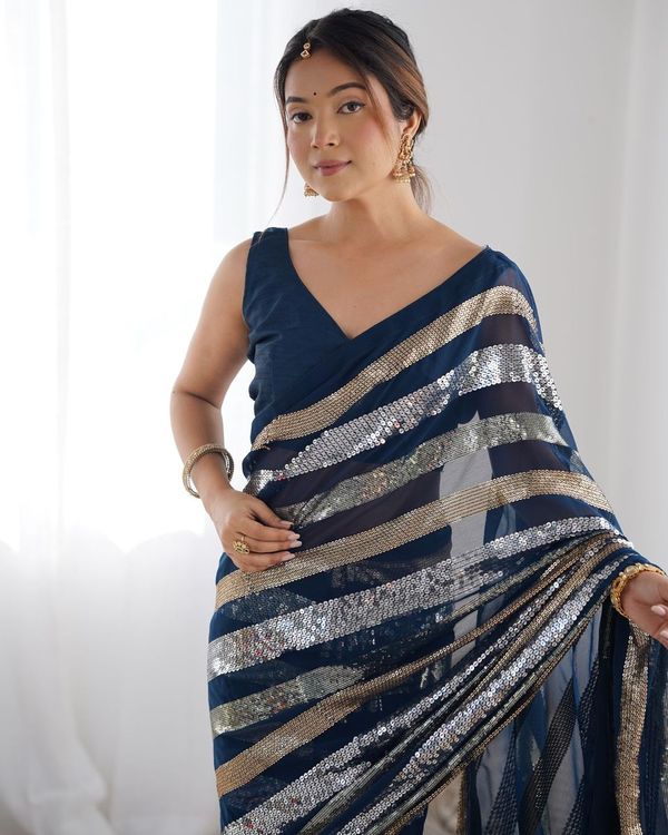 Petrol Sequance Embroidery Work Border Georgette Saree
