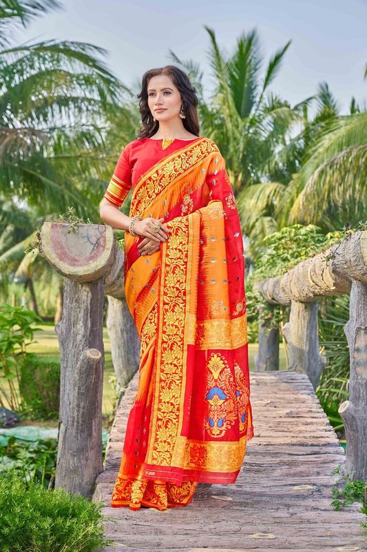 Red Wevon Thread Designer Silk Cotton Saree