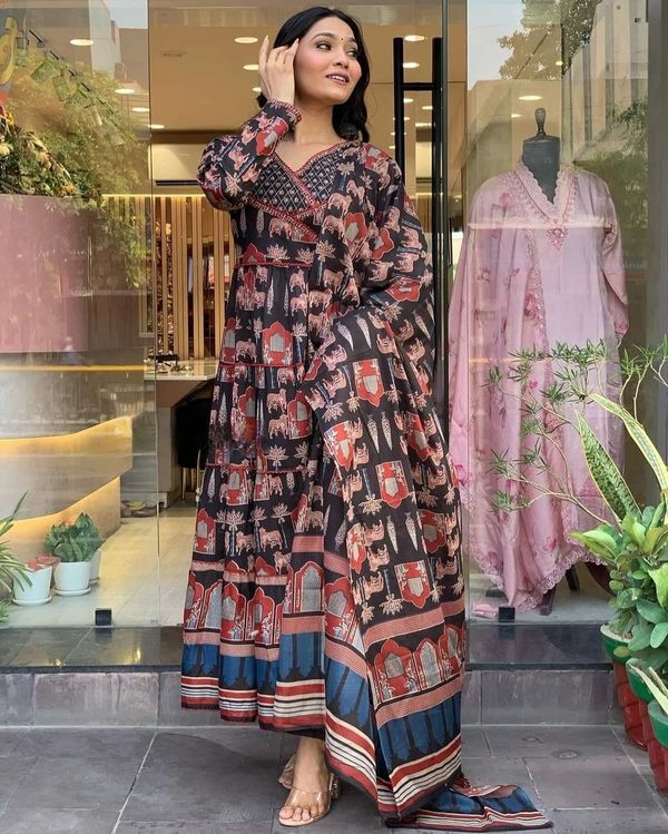 Black Cotton A-Line Kurta, Anarkali Kurta