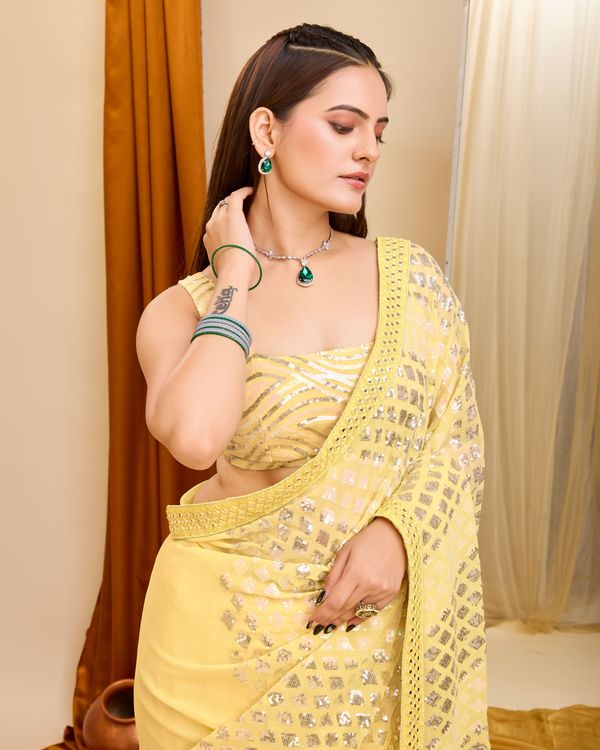 Yellow Designer Sequance Embroidery Work Georgette Saree