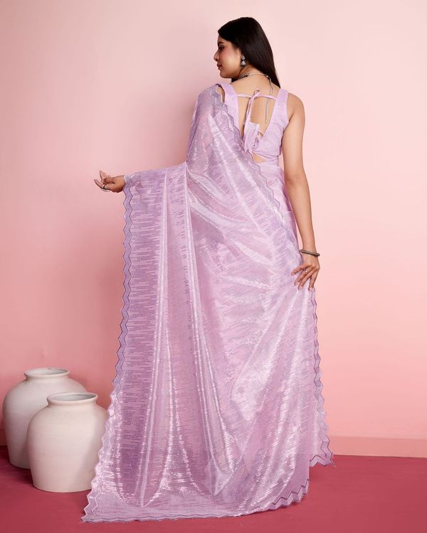 Purple Thread & Sequance Embroidery Work Silver Twill Net Saree