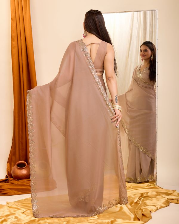 Brown Designer Sequance Embroidery Work Georgette Saree