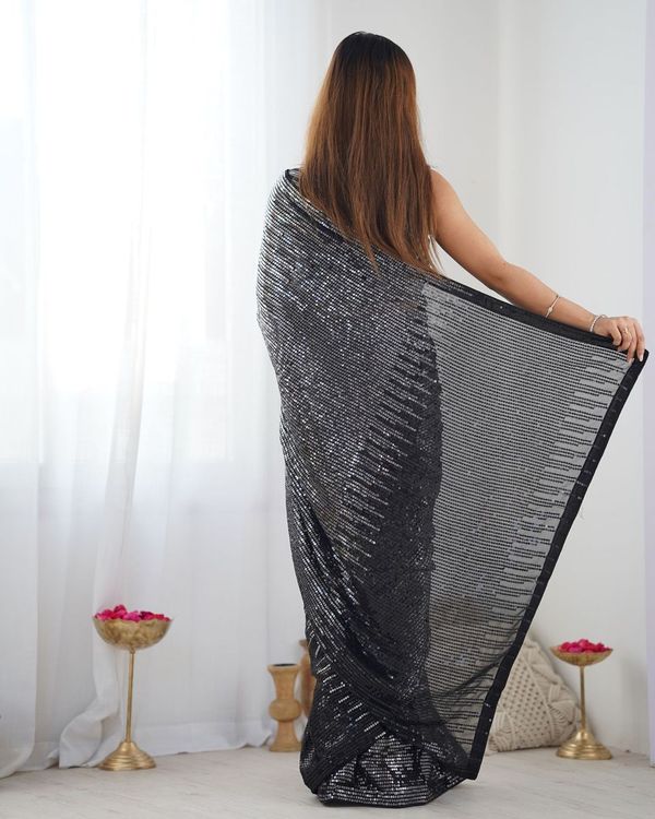 Black Designer Sequance Embroidery Work Georgette Saree