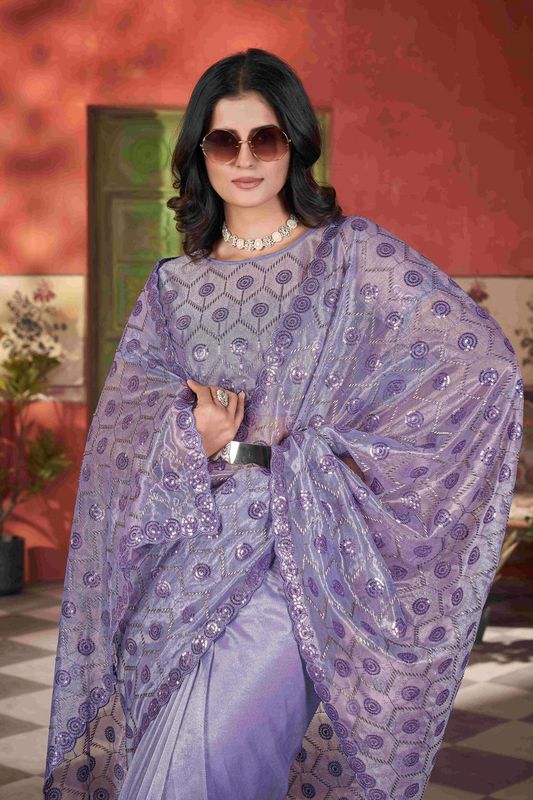 Lavender Sequance & Thread & Pite Embroidery Work Tissue Net Saree