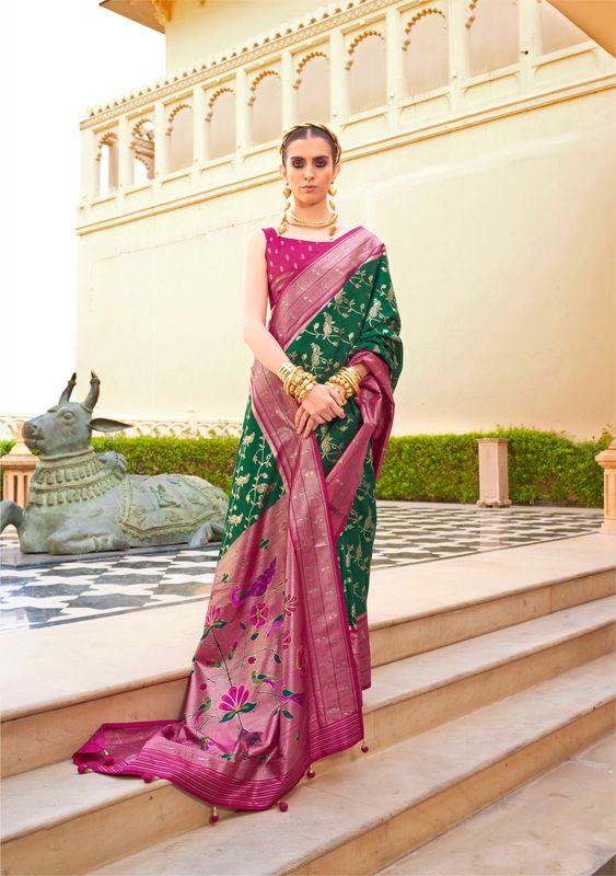 Pink & Green Wevon Designer & Printed P V Silk Saree