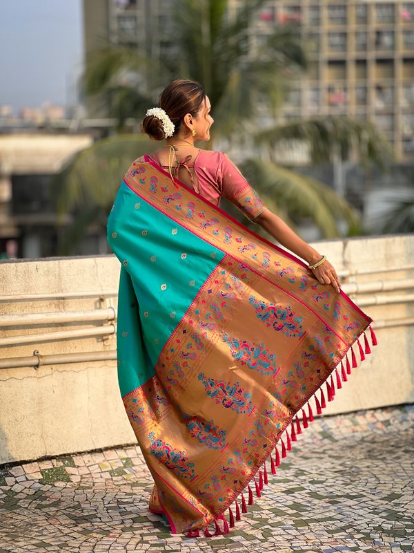 Sea Green Weaving Meenakari Designer Soft Silk Saree