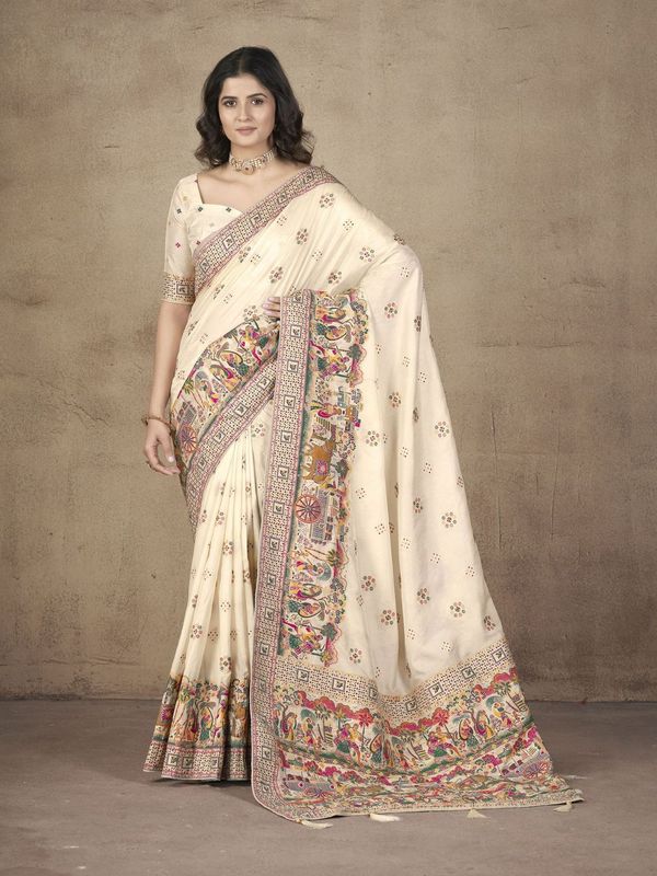 Yellow Wevon Thread & Jari Designer & Hand Work Pashmina Silk Saree