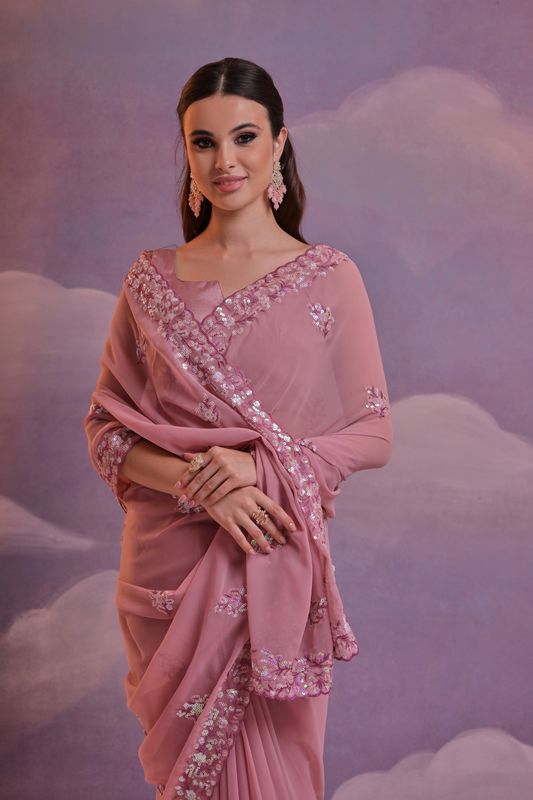 Onion Designer Sequance Embroidery Work Georgette Saree