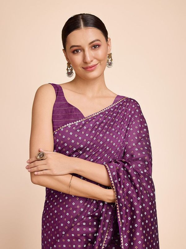 Purple Weaving Designer & Bandhani Printed Faux Cotton Saree