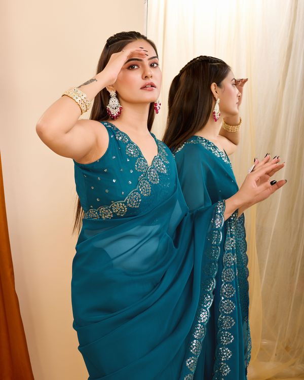 Teal Blue Designer Sequance Embroidery Work Georgette Saree