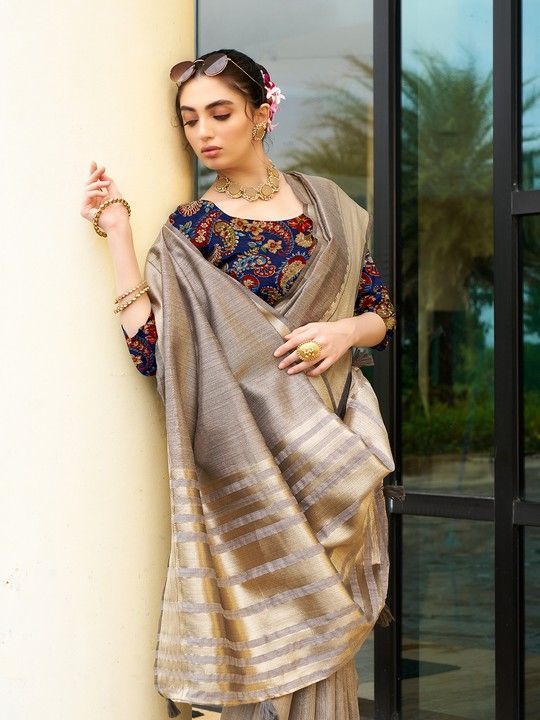 Brown Khadi Striped Saree and Stitched Multi Blouse