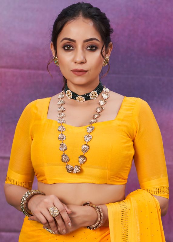 Bee Yellow Wevon Patta Designer With Swarovski Work Chiffon Saree