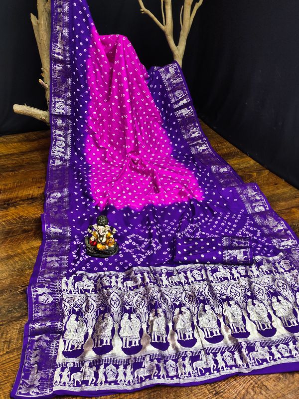 Pink Wevon Designer & Bhandej Printed Dola Silk Saree