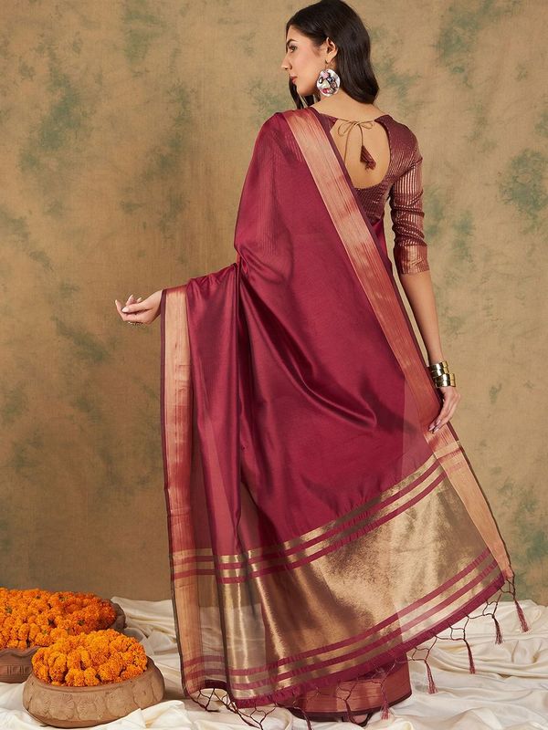 Maroon Wevon Jari Designer Cotton Organza Saree