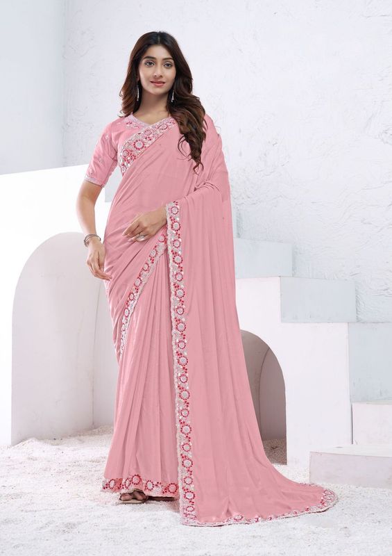 Light Pink Sequence Embroidery & Hand Work Crepe Silk Saree