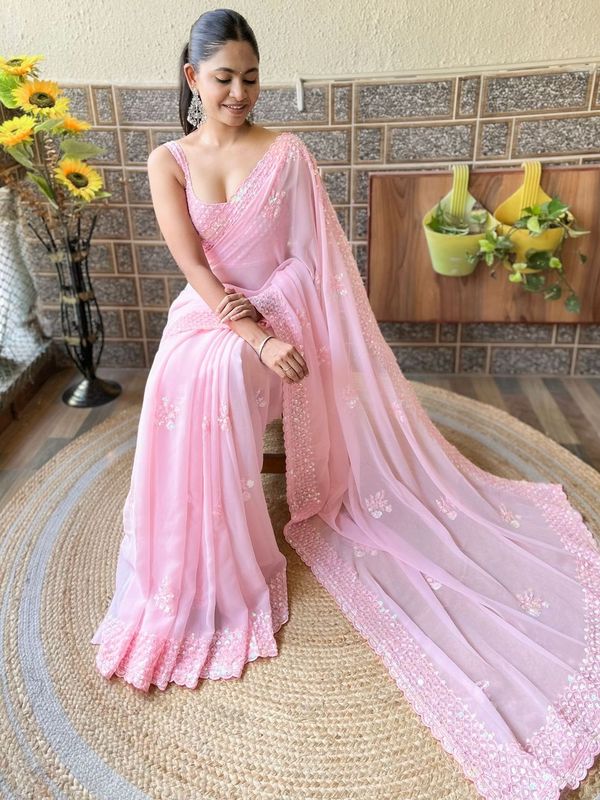 Pink Color Georgette Fabric Beautiful Sequins Embroidery Cut Work Girlie Saree