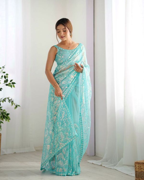 Sky Blue Heavy Sequance Embroidery Work Mono Net Saree